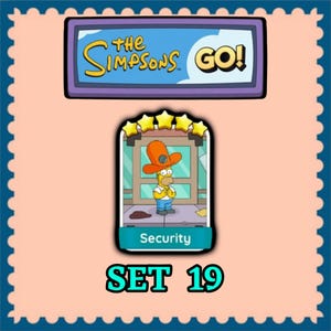 May include: A digital trading card from The Simpsons GO! featuring a five-star rating and the label Security. The card displays a yellow character wearing a large orange hat with a blue circular detail, standing in front of a building entrance.