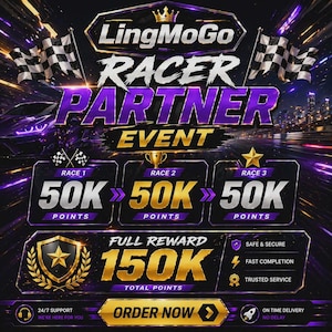 Könnte beinhalten: Eine digitale Grafik für das LingMoGo Racer Partner Event mit violettem und goldenem Text, Zielflaggen und einem Sportwagen. Das Layout zeigt drei Rennstufen mit je 50K Punkten, eine Belohnung von 150K Gesamtpunkten und einen Order Now Button.