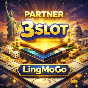 May include: A digital game board graphic featuring the text PARTNER 3SLOT and LingMoGo. The scene includes a golden platform, stacks of gold coins, two white dice with black dots, the Statue of Liberty, and the US Capitol building at sunset.