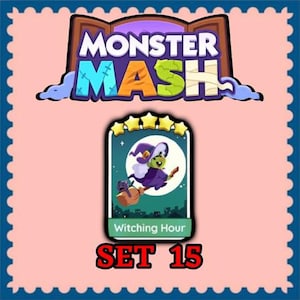 Op de afbeelding: Een digitale spelkaart getiteld Witching Hour uit Set 15 van Monster Mash. De kaart toont een groenhuidig personage in een paarse mantel en hoed op een bezemsteel tegen een volle maan, met vijf gele sterren aan de bovenkant.