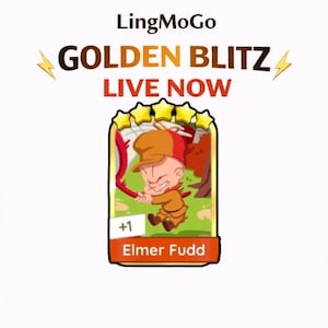 May include: A digital game card featuring the text LingMoGo, GOLDEN BLITZ, LIVE NOW, and Elmer Fudd. The card displays a cartoon character in a tan outfit holding a red net, topped with five yellow stars and a white box containing the text +1.