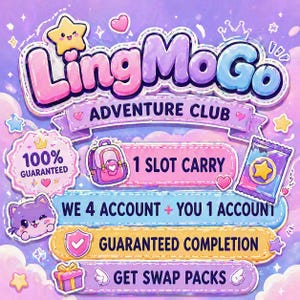 Op de afbeelding: Een digitale afbeelding voor LingMoGo Adventure Club met een paarse en blauwe gradiëntachtergrond met wolken. De tekst bevat 100% GUARANTEED, 1 SLOT CARRY, WE 4 ACCOUNT + YOU 1 ACCOUNT, GUARANTEED COMPLETION en GET SWAP PACKS met iconen van een ster, rugzak, kat en cadeau.