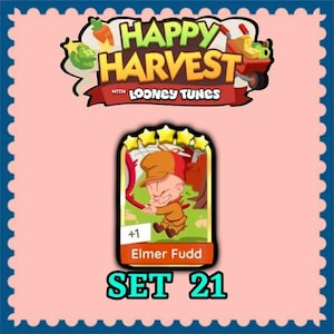 May include: A digital game card from Happy Harvest with Looney Tunes featuring Elmer Fudd. The card displays five yellow stars at the top, a central illustration of Elmer Fudd in a brown outfit, and the text +1 Elmer Fudd Set 21 at the bottom.