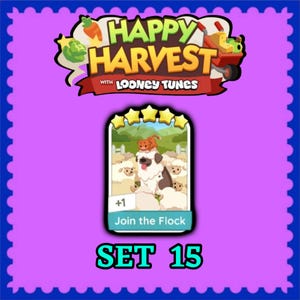 May include: A digital game card titled Join the Flock from Set 15 of Happy Harvest with Looney Tunes. The card features a central illustration of a large white dog surrounded by sheep with a small orange cat sitting on the dog's head, topped by five stars.