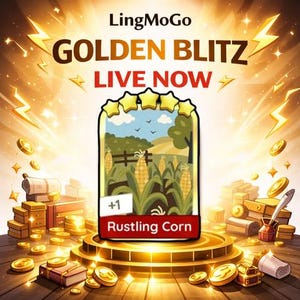 May include: A digital game card titled Rustling Corn featuring a field of corn stalks under a blue sky with five yellow stars at the top. The card is displayed against a golden background with the text LingMoGo GOLDEN BLITZ LIVE NOW.