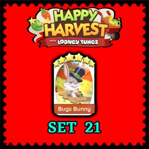May include: A digital game card featuring Bugs Bunny wearing a top hat and holding a carrot while emerging from a hole in the ground. The card is labeled Bugs Bunny and marked with five yellow stars. The background displays Happy Harvest with Looney Tunes.