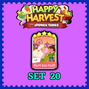 以下が含まれることがあります： Happy Harvest with Looney Tunesのセット20から「Fluff Eat Fluff」と題されたデジタルゲームカード。カードには、白い羊にピンクの綿菓子を食べさせている人物の漫画風イラストが描かれており、上部には5つの黄色い星が配置されています。