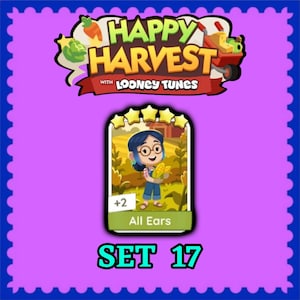 May include: A digital game card titled All Ears from the Happy Harvest with Looney Tunes collection. The card features a cartoon character with glasses holding corn in a field, marked with five yellow stars and a plus two indicator in set 17.