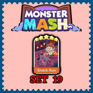 May include: A digital trading card titled Snack Run from Set 19 of the Monster Mash collection. The card features a cartoon character with glasses and a grey dog running outdoors at night, with five yellow stars displayed at the top of the card.