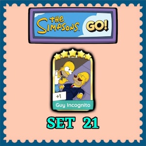 Puede incluir: Una carta de juego digital de The Simpsons GO! con una calificación de cinco estrellas y el personaje Guy Incognito. La ilustración muestra a Homer Simpson de pie sobre un hombre con traje que se le parece. La carta incluye el texto +1 y SET 21.