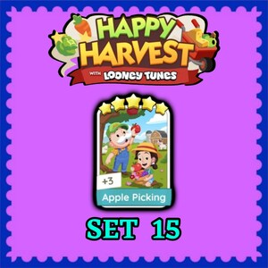 May include: A digital game card titled Apple Picking from Set 15 of Happy Harvest with Looney Tunes. The card features a cartoon illustration of two characters harvesting apples in an orchard with a barn, five yellow stars, and a +3 indicator.
