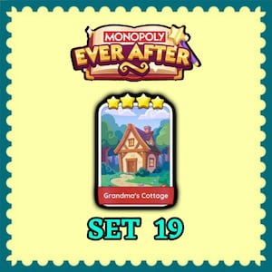 以下が含まれることがあります： 「Grandma's Cottage」と書かれたコテージが描かれた、4つの金色の星が付いたモノポリーエバーアフターゲームカード。カードは装飾的なボーダーが付いた明るい黄色の背景に設定されています。「SET 19」のテキストが下に表示されています。