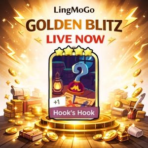 May include: A promotional image for LingMoGo's Golden Blitz event, featuring a stylized pirate theme. The central focus is a card labeled "Hook's Hook," with a cartoon hook and pirate map. Gold coins and lightning bolts create a dynamic background.