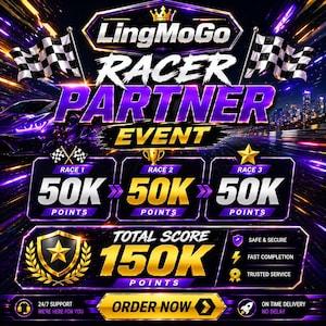 Op de afbeelding: Een digitale afbeelding voor het LingMoGo Racer Partner Event met een paars en zwart racethema, geblokte vlaggen, drie segmenten van 50K punten, een totaalscore van 150K en knoppen voor bestellen, ondersteuning en snelle levering.
