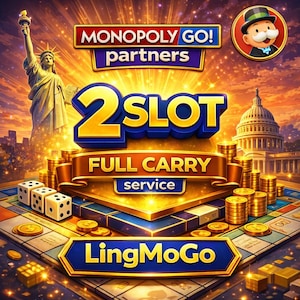 May include: A digital illustration promoting "Monopoly GO! Partners" with the Statue of Liberty and the U.S. Capitol in the background. The image features the text "2 SLOT" and "FULL CARRY SERVICE" with dice, gold coins, and a Monopoly board.