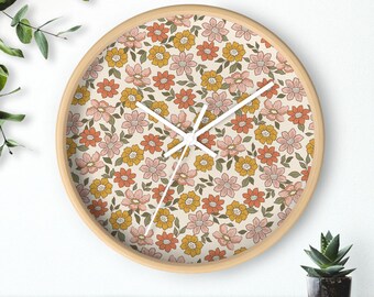 Floral Wall Clock: Retro Wood Frame, Silent Mechanism