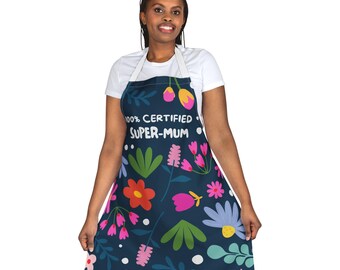 May include: A blue apron with a floral pattern and the text "100% CERTIFIED SUPER-MUM".