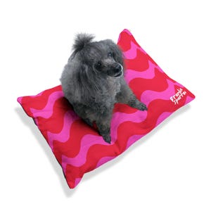 Puede incluir: Un caniche gris descansa sobre una cama para perros con estampado de ondas rojas y rosas. La cama tiene forma rectangular y lleva la inscripción "Frankie Sparrow". La cama para perros está diseñada para mascotas.