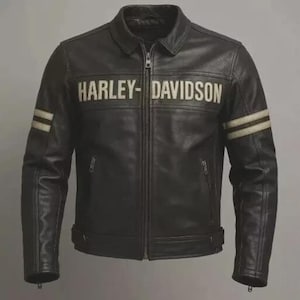 Harley-Davidson Black Leather Biker Jacket: Cream Stripe Detail
