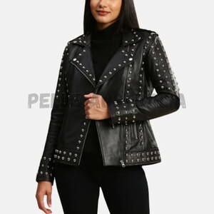 Handmade Women&#39;s Silver Studded Leather Jacket Spiked Silver Color Studs Real Leather Black Leather Jacket, Handmade Women Leather Jacket