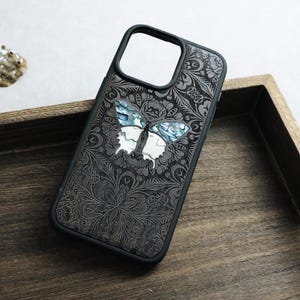 Handcrafted Engraved Wooden Phone Case – Unique Butterfly Design with Mother of Pearl Accents, for iPhone Samsung and Google Phones