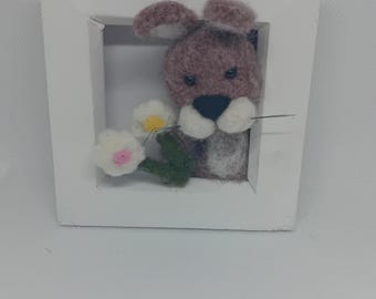 3d framed needlefelt rabbit with flowers 10x10cm