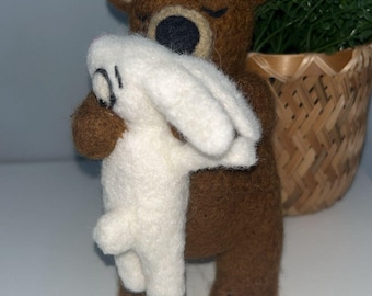 large needlefelt bear and rabbit teddy 16cm