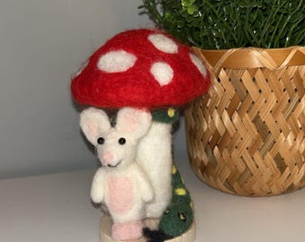 Needlefelt Mouse with Snake and Toadstool: Handmade Wool Figurine
