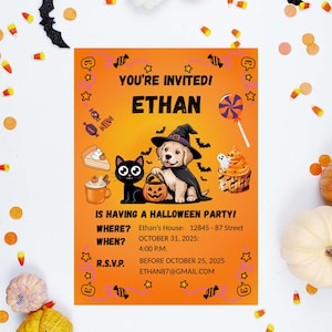 May include: Orange Halloween party invitation with the text "You're Invited! Ethan". The invitation features a black cat, a puppy in a witch hat, and Halloween-themed graphics. The invitation includes party details.
