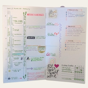 以下が含まれることがあります： 手書きのメモとカラフルなアクセントが施されたプランナーの見開きページ。左ページにはタスクを含む週ごとのスケジュールがあり、右側にはチェックリストとメモがあります。テーマは生産性と組織化です。