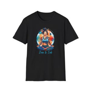 T-shirt with design of woman with tattoos sitting in yoga pose