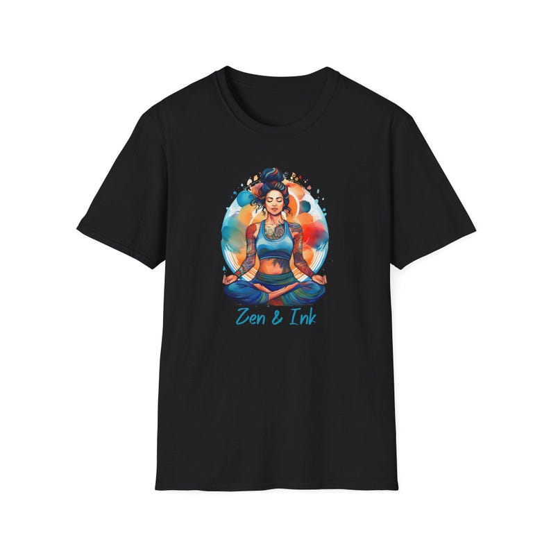 T-shirt with design of woman with tattoos sitting in yoga pose