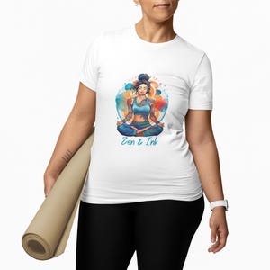 T-shirt with design of woman with tattoos sitting in yoga pose