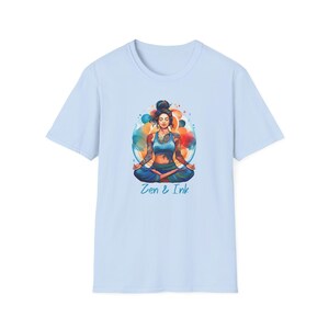 T-shirt with design of woman with tattoos sitting in yoga pose