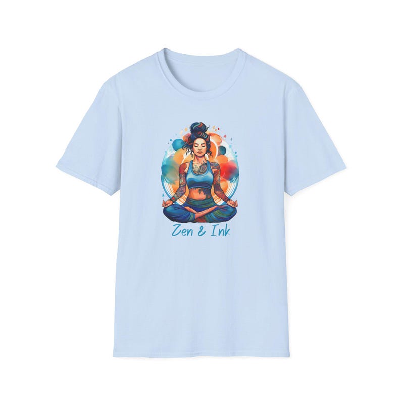 T-shirt with design of woman with tattoos sitting in yoga pose