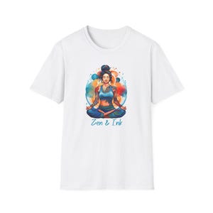 T-shirt with design of woman with tattoos sitting in yoga pose