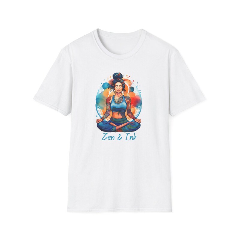 T-shirt with design of woman with tattoos sitting in yoga pose