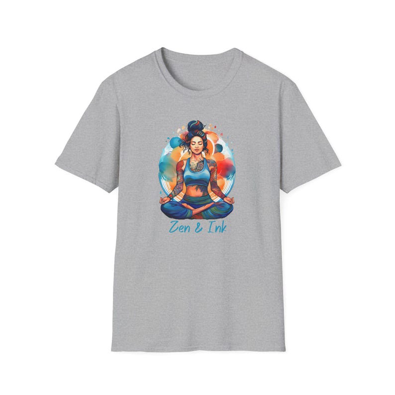 T-shirt with design of woman with tattoos sitting in yoga pose