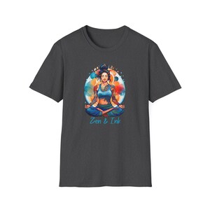 T-shirt with design of woman with tattoos sitting in yoga pose