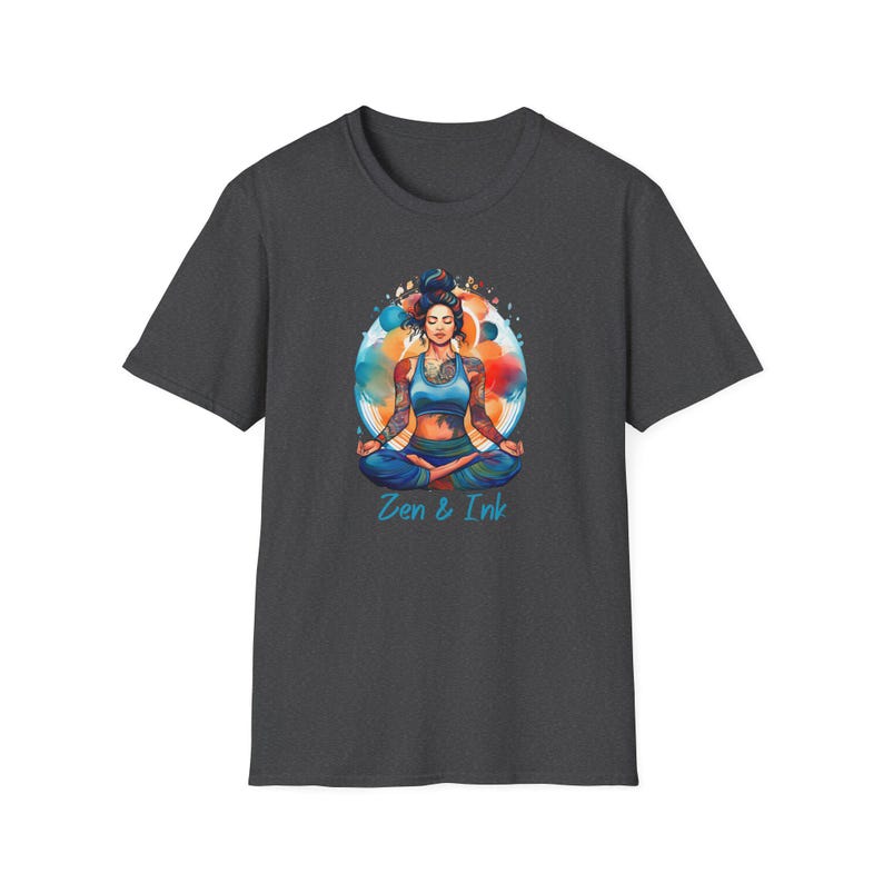 T-shirt with design of woman with tattoos sitting in yoga pose
