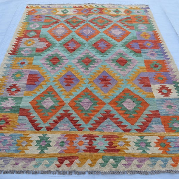 Handwoven Afghani Wool Kilim Rug 5’1” 7’4” main image 0