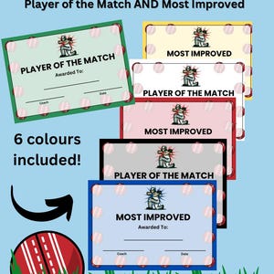 Cricket Certificate Bundle: Player Of The Match / Most Improved . 6 colours, 2 designs included. Encourage your junior cricketers each week!