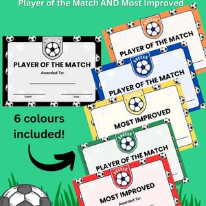 サッカー プレイヤー オブ ザ マッチの証明書賞状を印刷できます。6 色と 2 つのデザインが含まれています。毎週、ジュニア サッカー選手を応援しましょう。