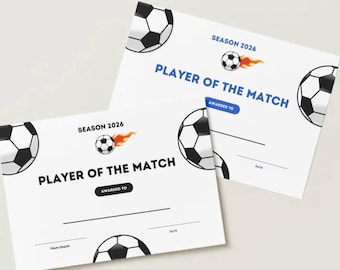 Soccer Player of the Match Certificates: 2026 Season in 8 COLOURS  (Digital Download)