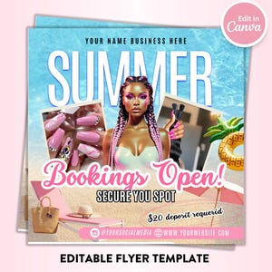 Puede incluir: Un folleto promocional con temática de verano. El diseño presenta a una mujer con trenzas rosas y moradas, arte de uñas y el texto "SUMMER" y "Bookings Open!" sobre un fondo de playa. Incluye un logotipo rosa de Canva.