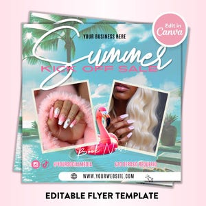 Puede incluir: Plantilla de folleto promocional con temática de verano. El diseño presenta el texto "Summer Kick Off Sale" en una fuente estilizada, con imágenes de uñas y un flamenco. Incluye redes sociales y dirección web. El folleto es en tonos azules, rosas y blancos.