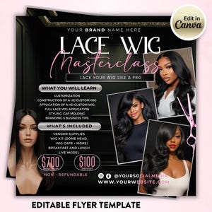 Puede incluir: Folleto negro que anuncia una "Lace Wig Masterclass" con imágenes de mujeres con cabello largo y oscuro. El folleto detalla el contenido del curso y las inclusiones, junto con información de redes sociales y sitio web.