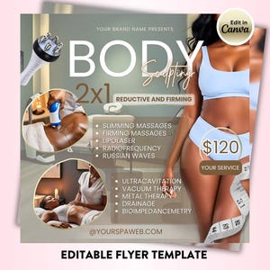 Puede incluir: Un folleto promocional de servicios de escultura corporal. El folleto presenta el texto "BODY Sculpting" y "2x1" con una lista de servicios que incluyen masajes reductores y radiofrecuencia. Se muestra a una mujer en bikini azul claro con una cinta métrica.