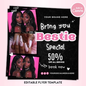 Bring a friend special flyer, Lashes, Nails, Hair bundles flyer, hair flyer, book now flyer, appointment flyer, Canva template