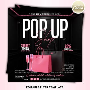 Puede incluir: Un folleto promocional para una tienda emergente, con una bolsa de compras rosa con "XOXO" y una bolsa negra. El folleto incluye el texto "POP UP SHOP" en letras blancas grandes, detalles del evento e información sobre obsequios y entretenimiento.